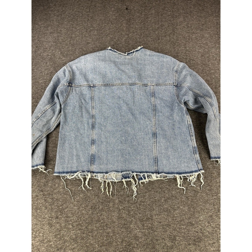 ZARA Jean Jacket Womens Medium Denim Cropped Grunge Collarless Raw Hem - Picture 7 of 10